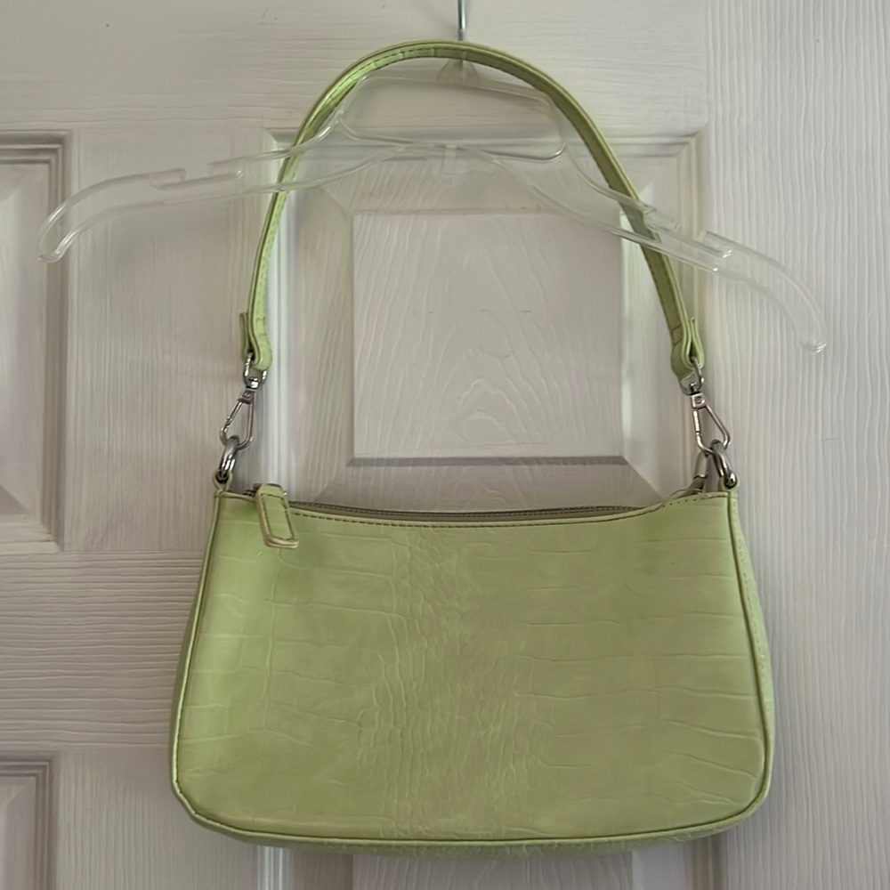 Light green faux leather croc shoulder baguette bag with cross body attachment